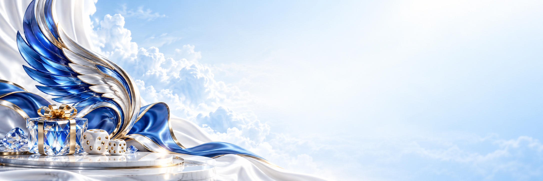 ประติมากรรมปีกสีน้ำเงินและของขวัญบนพื้นขาว